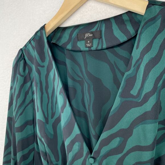 J.CREW Blouse 4 Deep V-Neck Zebra Striped Satin Button Front Long Sleeve Green - Picture 5 of 13